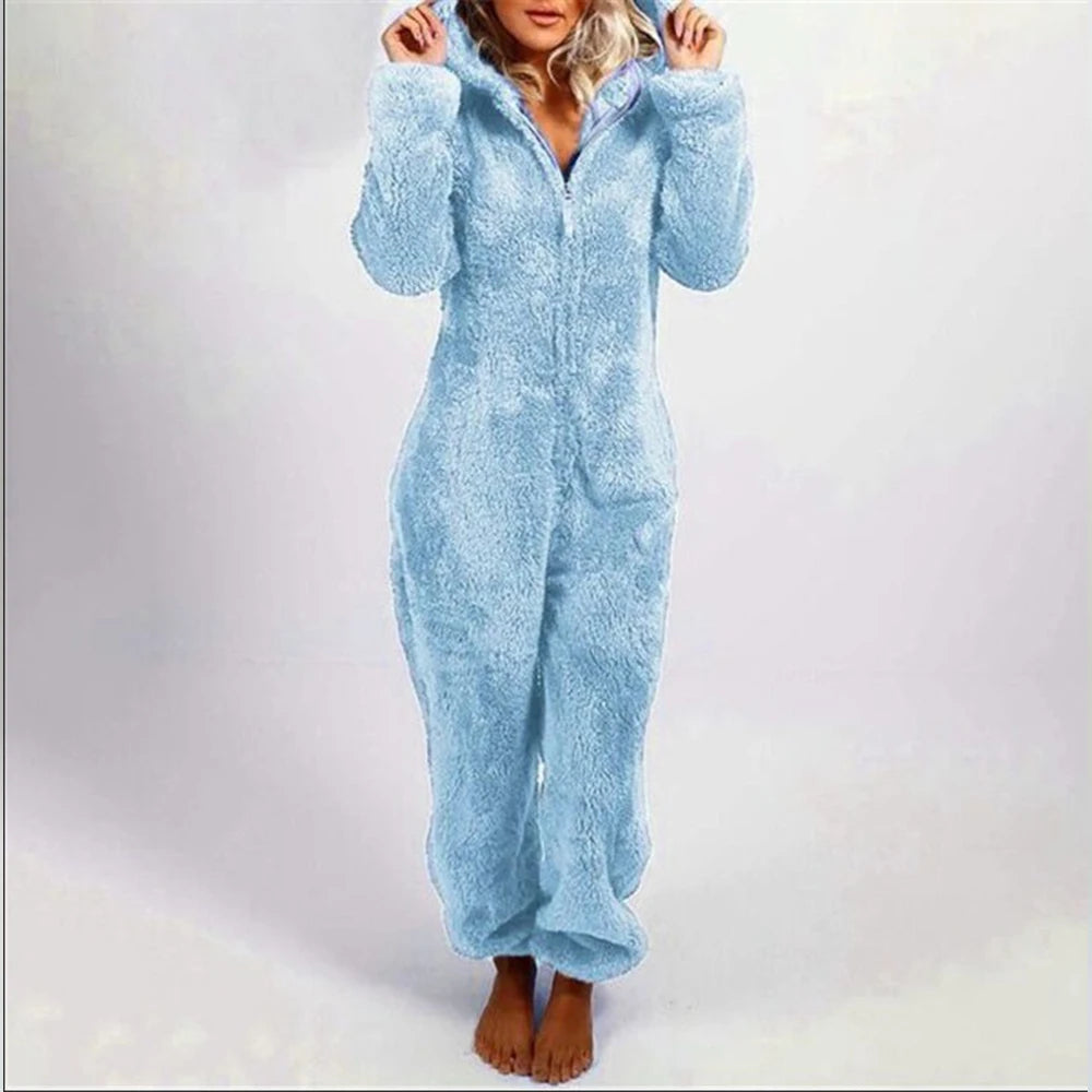 Cross border Women Onesie Pajamas Winter Thick Warm Long-sleeved Hooded Jumpsuit Plush Fleece Cute Cat Ears Rompers Loungewear