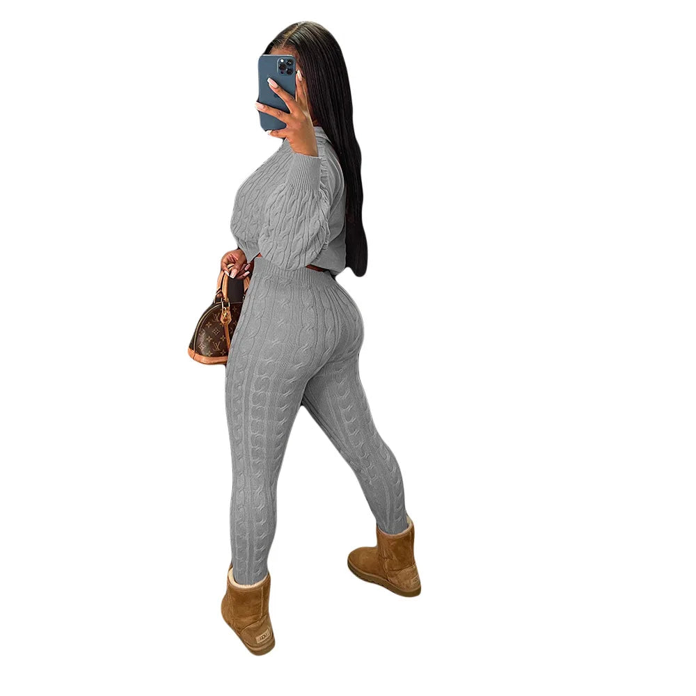 Knit Two Piece Sets Women Hooded Cardigan Pants Suits Spring Autumn Winter Clothing Sportswear Joggers Tracksuit Matching Sets