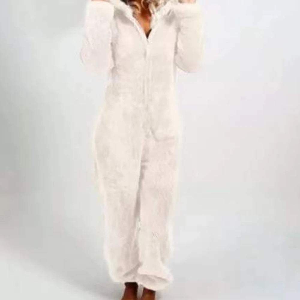 Cross border Women Onesie Pajamas Winter Thick Warm Long-sleeved Hooded Jumpsuit Plush Fleece Cute Cat Ears Rompers Loungewear