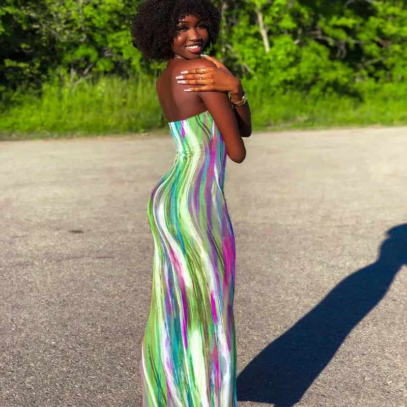 Spring And Summer Dresses For Women Chest Wrap Printed Off Shoulder Bandage Slim Sexy Long Dress