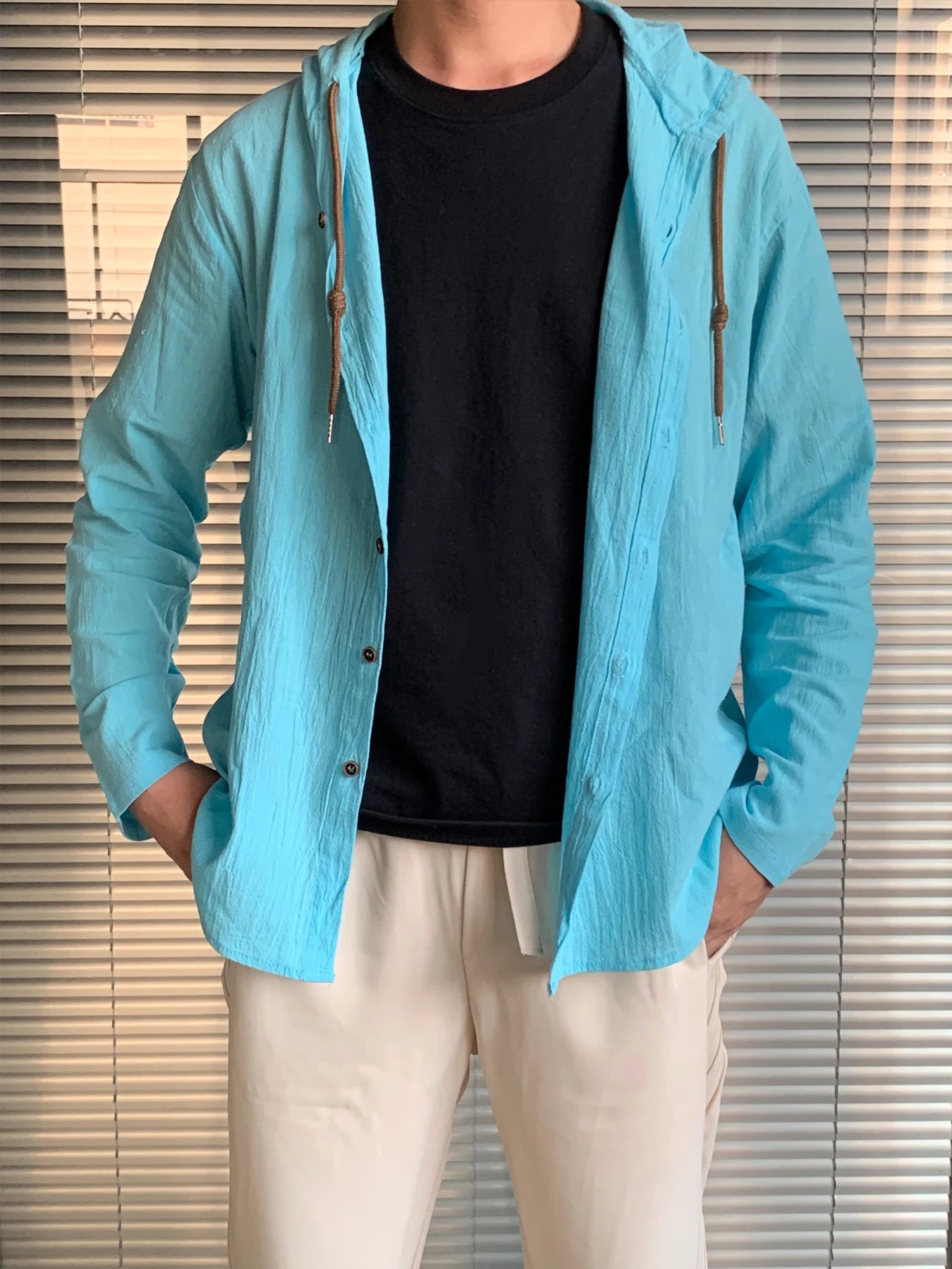 Summer Men's Linen Shirt Solid Streetwear Long Sleeve Hoodie Cardigan