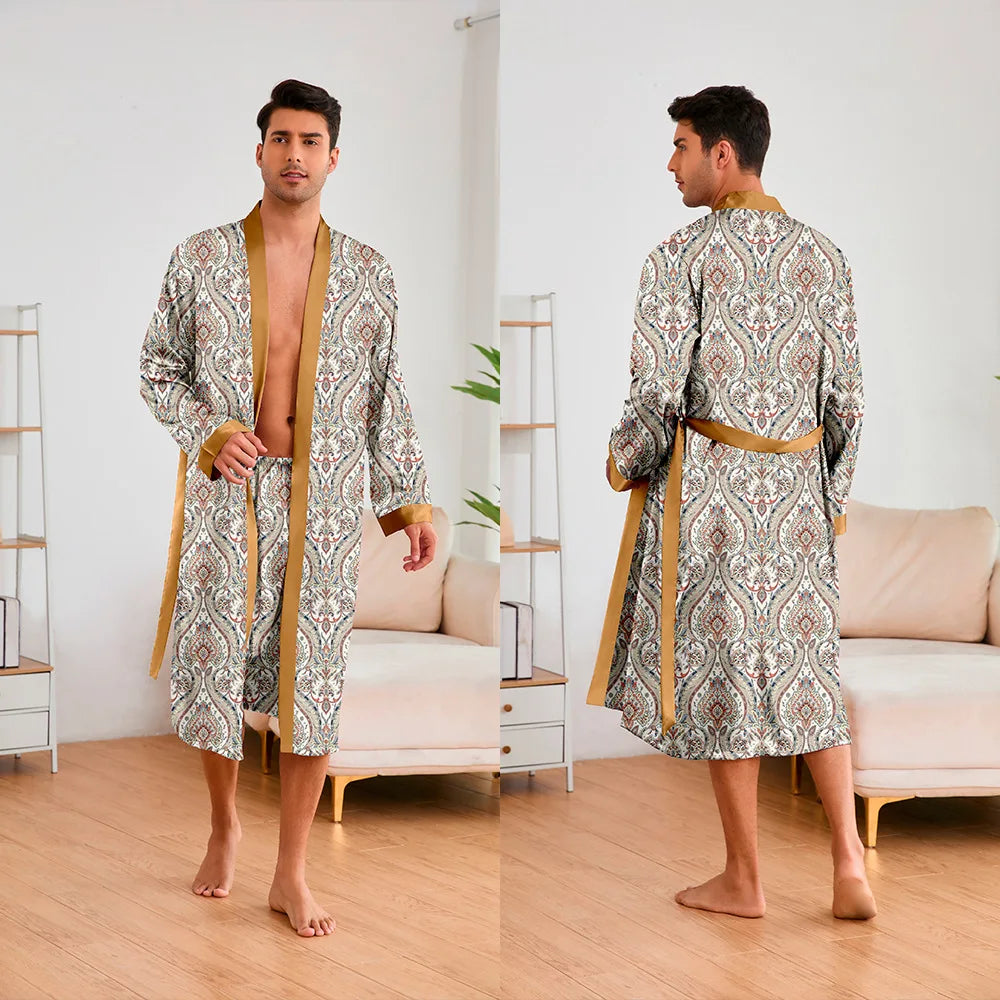 Men 2 Pieces Sleepwear Leopard Bathrobe Set Satin Kimono Peignoir Homme Long Mens Sexy Sleepwear Loungewear Home Dressing Gown