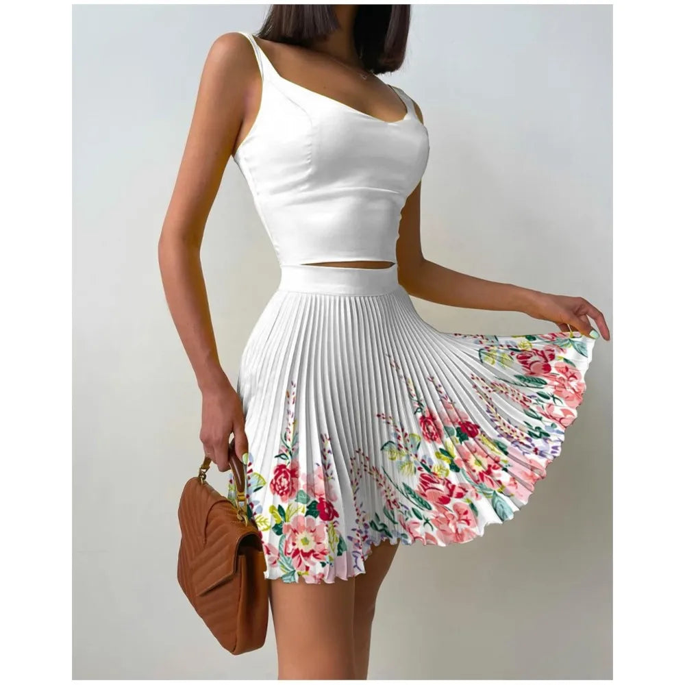 Sexy Printed Halter Pleated Short Skirt 2 Piece Set