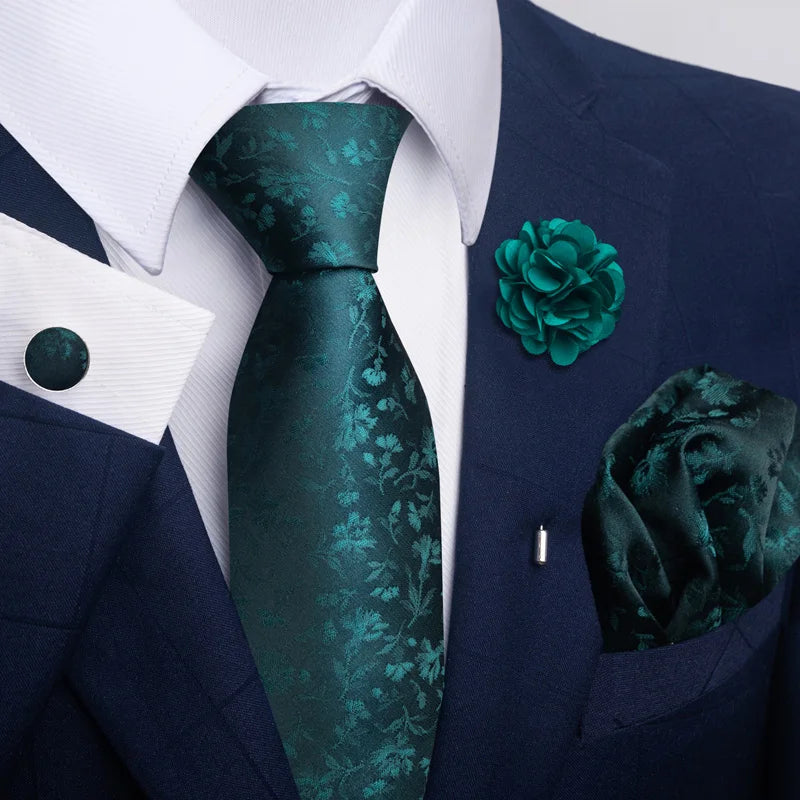 Luxury Mens Ties Floral Black Gold Ties Paisley NeckTie Pocket Square Cufflinks Brooch Set Men's Wedding Party Tie