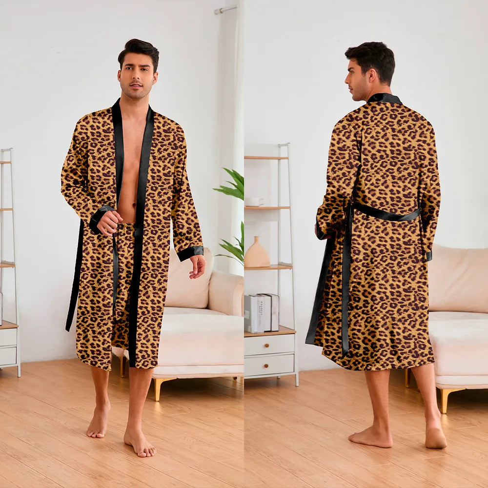 Men 2 Pieces Sleepwear Leopard Bathrobe Set Satin Kimono Peignoir Homme Long Mens Sexy Sleepwear Loungewear Home Dressing Gown
