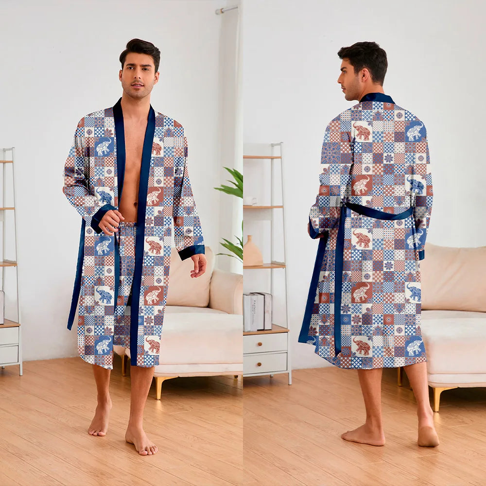 Men 2 Pieces Sleepwear Leopard Bathrobe Set Satin Kimono Peignoir Homme Long Mens Sexy Sleepwear Loungewear Home Dressing Gown