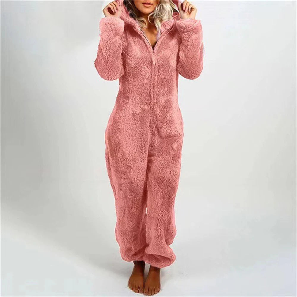 Cross border Women Onesie Pajamas Winter Thick Warm Long-sleeved Hooded Jumpsuit Plush Fleece Cute Cat Ears Rompers Loungewear