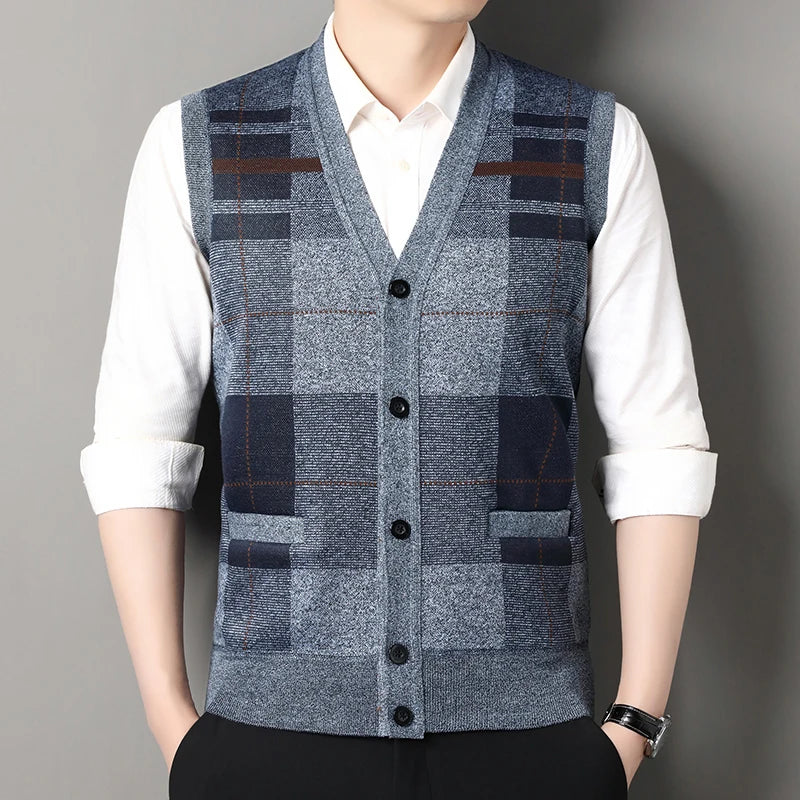 New Autumn Male Vest Sleeveless Sweater Fleece Cardigan Warm Knitted Checkered Business Casual Button Up Coat Men's Clothing