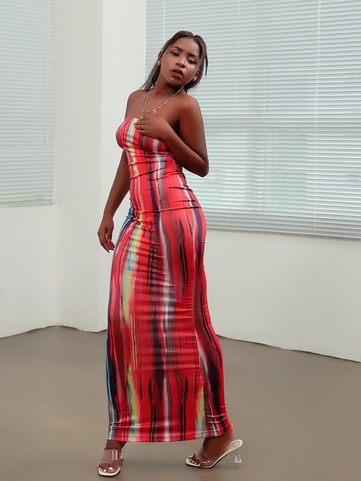 2025 Summer Women's Print Slim Sexy Strapless Long Vintage Dress  Robe Vestido Streetwear Evening Dresses