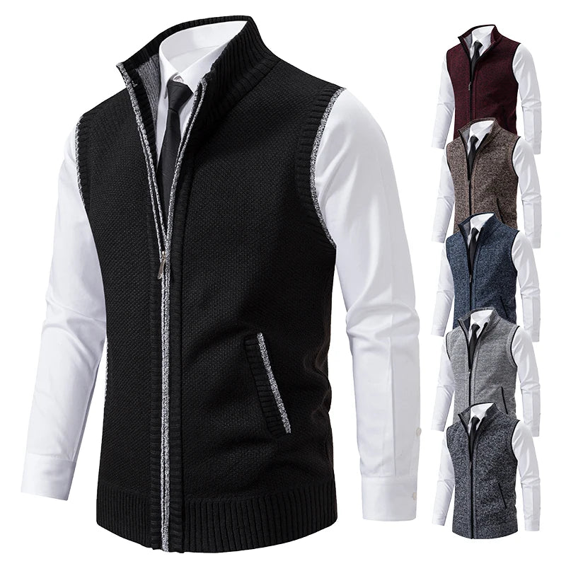 Vest Men's Knitted Sleeveless Sweater Wool Velvet Zipper Cardigan Turn-down Pullovers Turtleneck Sweatercoat Knit Waistcoat