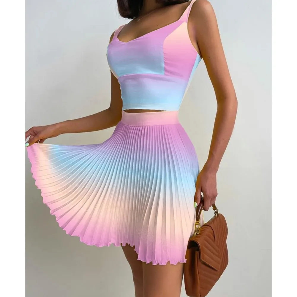 Sexy Printed Halter Pleated Short Skirt 2 Piece Set