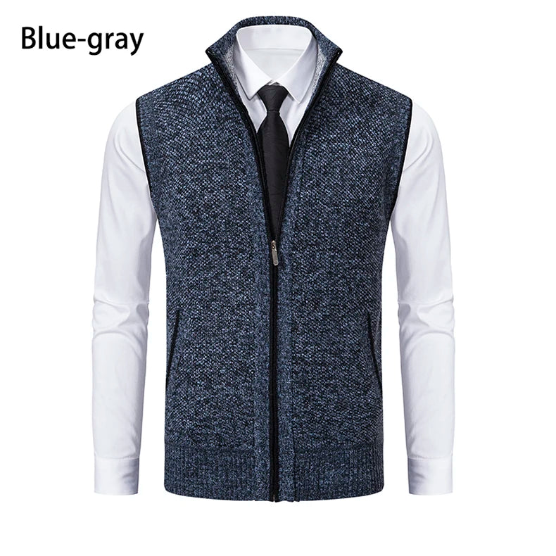 Vest Men's Knitted Sleeveless Sweater Wool Velvet Zipper Cardigan Turn-down Pullovers Turtleneck Sweatercoat Knit Waistcoat