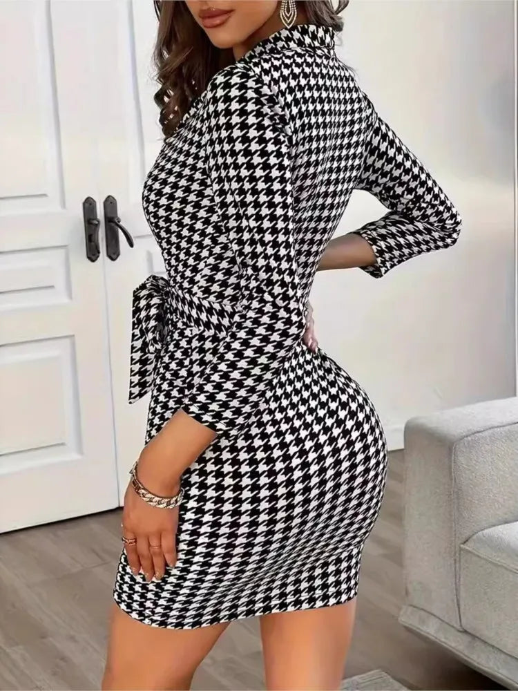 Spring And Summer V-neck Plaid Long-sleeved Lapel Sexy Mini Dress With Belt For Women Party Hip-hugging Dress