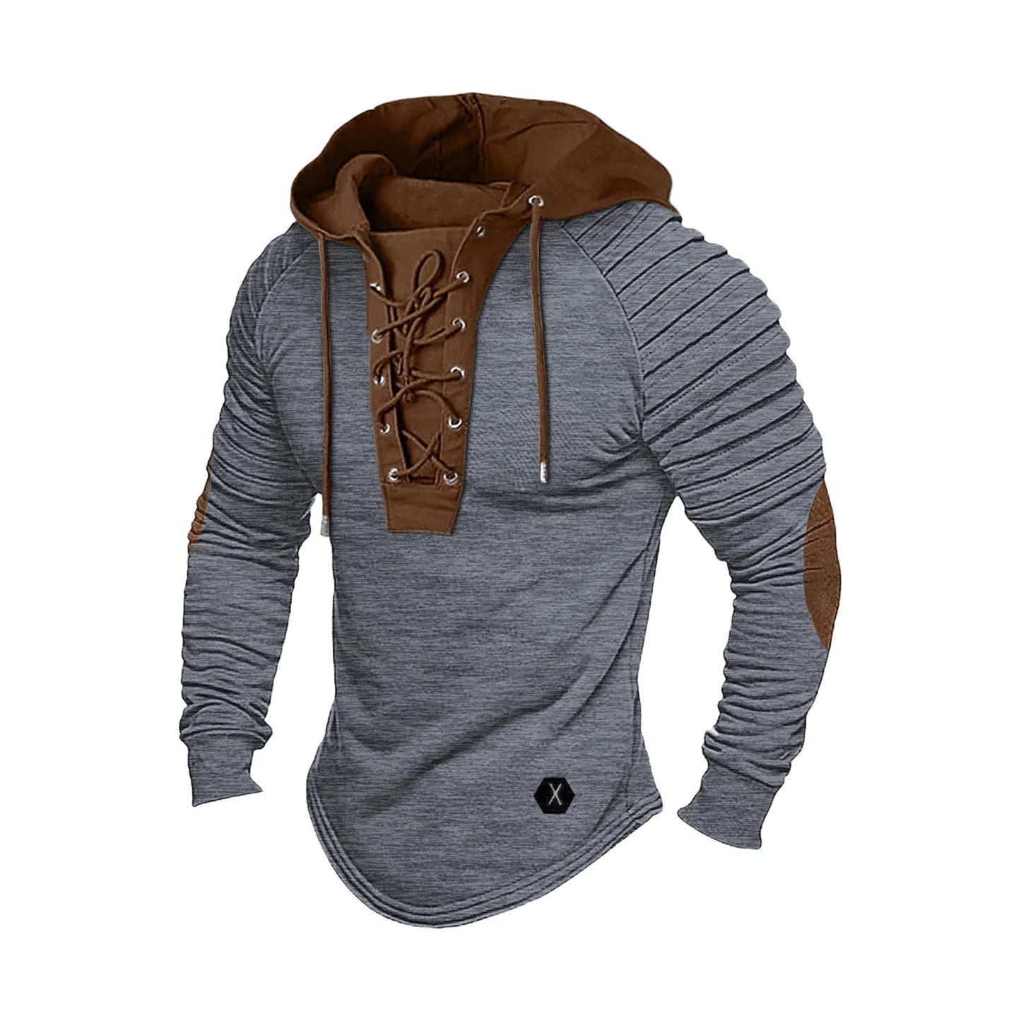 Men Spring Fall Hoodie Pleated Shoulder Colorblock Drawstring Hooded Top Long Sleeve Pullover Lace-up Retro Men Daily Hoodie