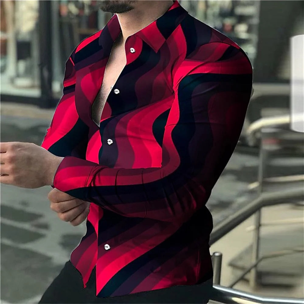 New Men's High Quality Luxury Prom Fashion Social 3D Line Graph Print Polo Button Fashion Designer Long Sleeve Men's Shirt