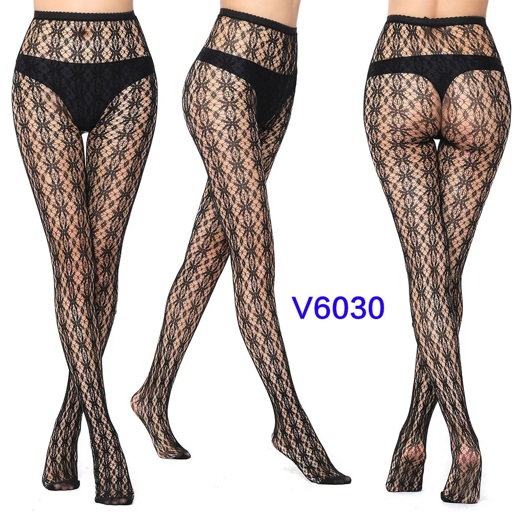 Women Sexy Fishnet Tights Jacquard Weave Seamless Pantyhose Yarns Garter Grid Fish Net Stockings Black Spider Gothic Lace Tights