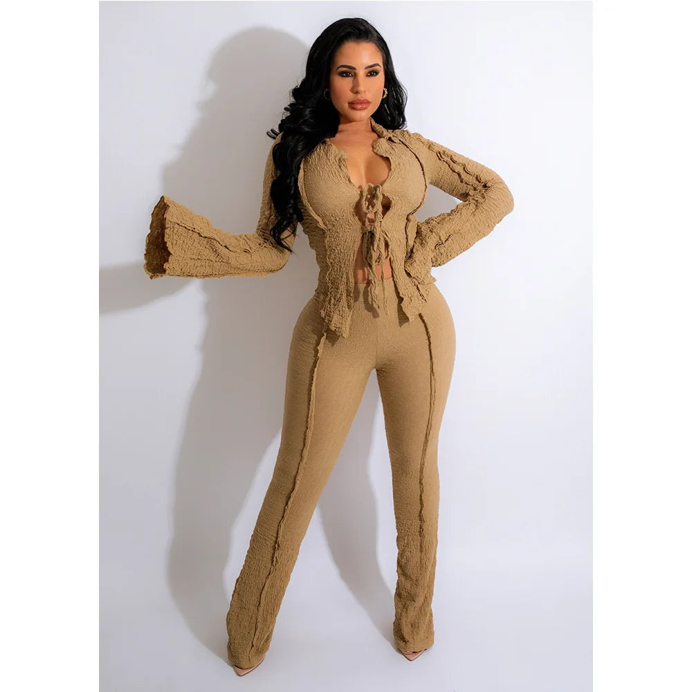 2 Piece Set Women Sexy Lace-up Pants Suits Solid 2pcs Sets Matching Sets Outfits Tracksuit Autumn Winter Clothing