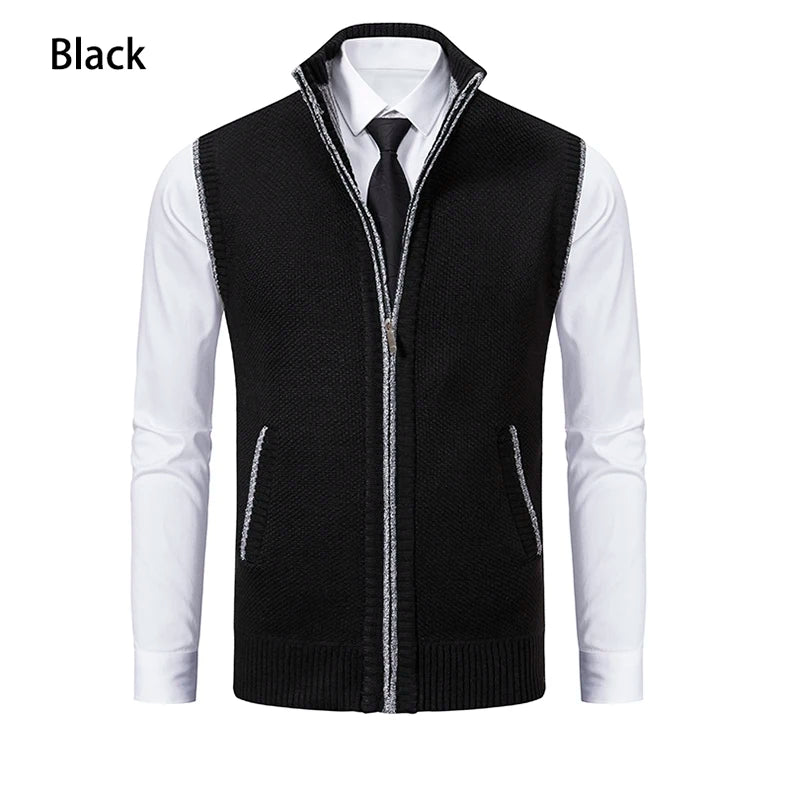 Vest Men's Knitted Sleeveless Sweater Wool Velvet Zipper Cardigan Turn-down Pullovers Turtleneck Sweatercoat Knit Waistcoat