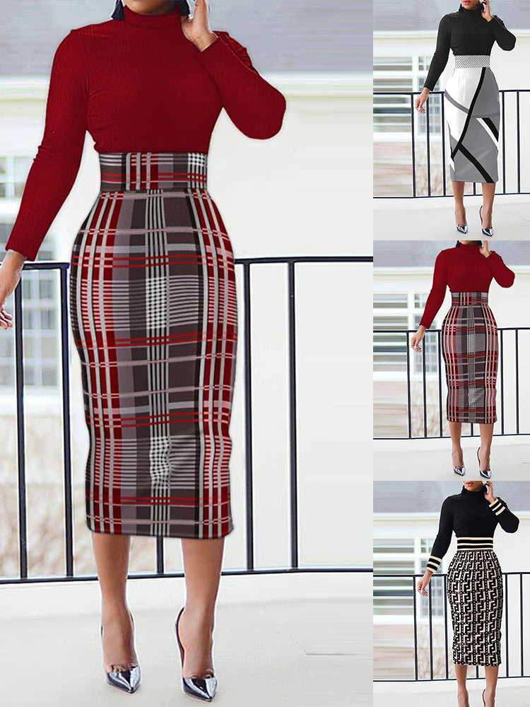 Autnmn Winter Women Bodycon Long Dress Long Sleeve O-neck Print Elegant Slim Pencil Dress Casual Office Lady  Midi Dresses