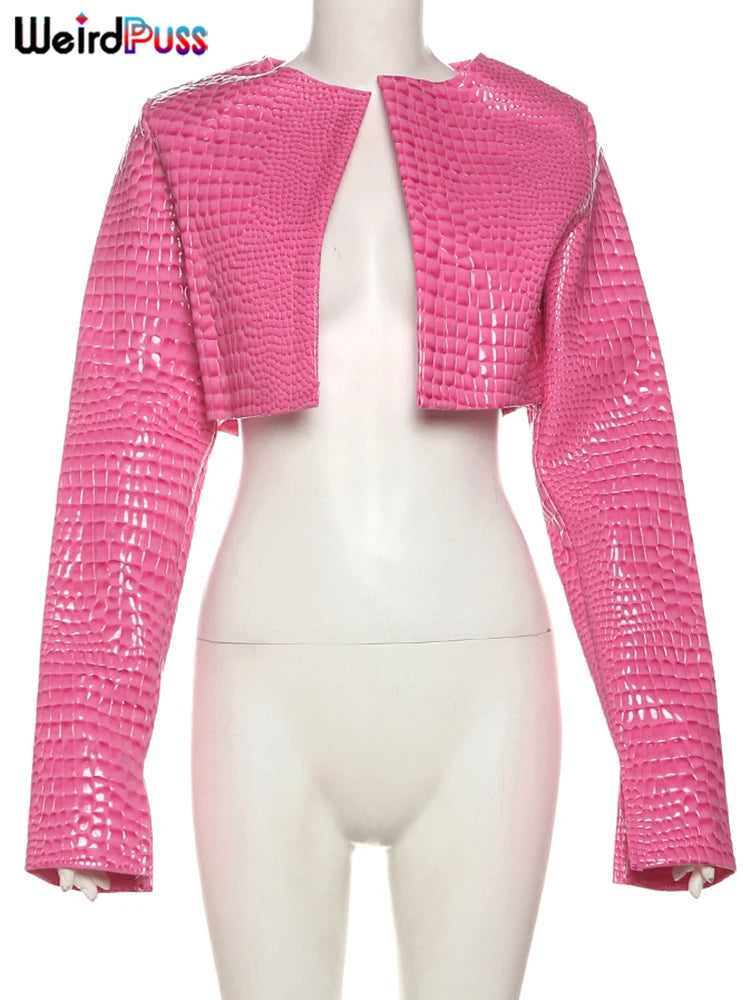 Weird Puss Faux Leather Jacket Women Hipster Snake Print Fall Trend O-Neck Full Sleeve Street Wild Basic Outwear Crop Overcoat