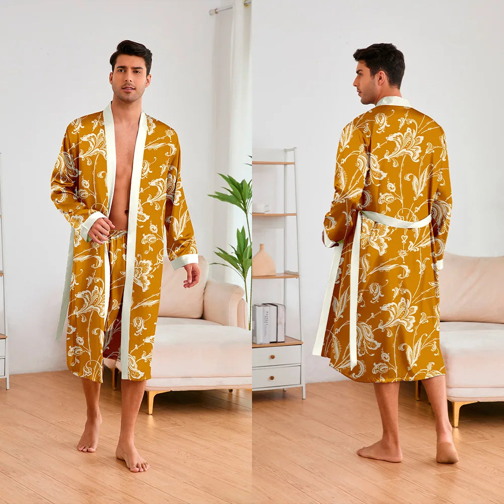 Men 2 Pieces Sleepwear Leopard Bathrobe Set Satin Kimono Peignoir Homme Long Mens Sexy Sleepwear Loungewear Home Dressing Gown