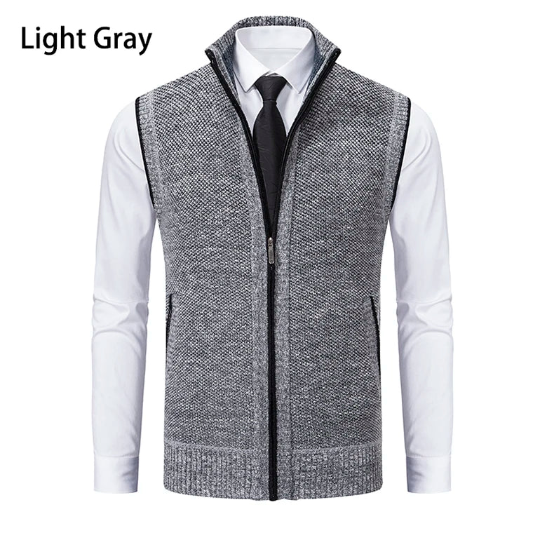 Vest Men's Knitted Sleeveless Sweater Wool Velvet Zipper Cardigan Turn-down Pullovers Turtleneck Sweatercoat Knit Waistcoat