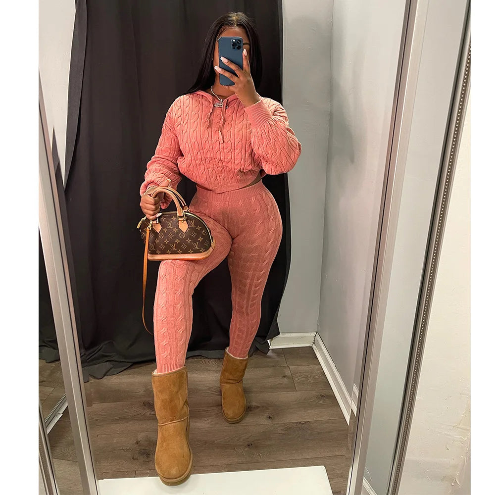 Knit 2 Piece Sets Women Hooded Tops Pants Set Spring Autumn Winter Clothing Sportswear Joggers Knitted Tracksuit Matching Sets