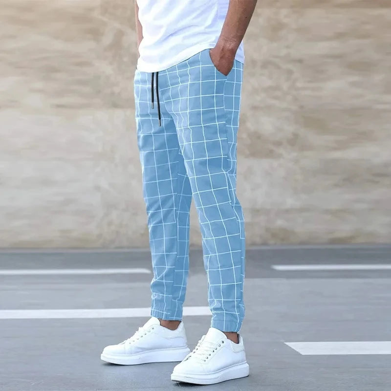 New Fashion Men Pants Mid Waist Slims Fit Male Sweatpants Plaid Checkered Side Stripe Trousers Summer Work Casual Pants