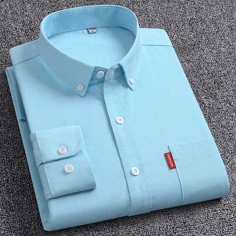 5XL Men's Oxford Long Sleeve Shirts 100% Cotton Solid Color Turn Down Collar Regular Fit Daily Men Clothing Button-down Shirts