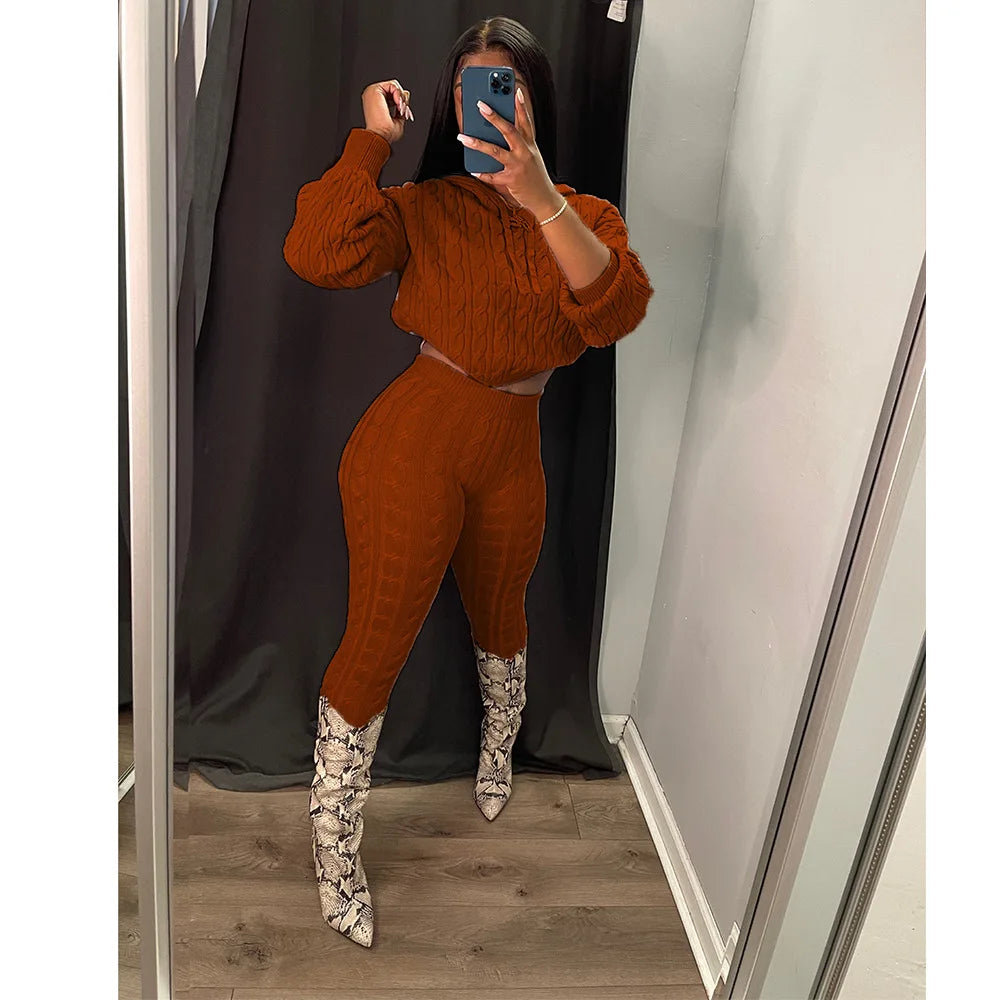 Knit 2 Piece Sets Women Hooded Tops Pants Set Spring Autumn Winter Clothing Sportswear Joggers Knitted Tracksuit Matching Sets