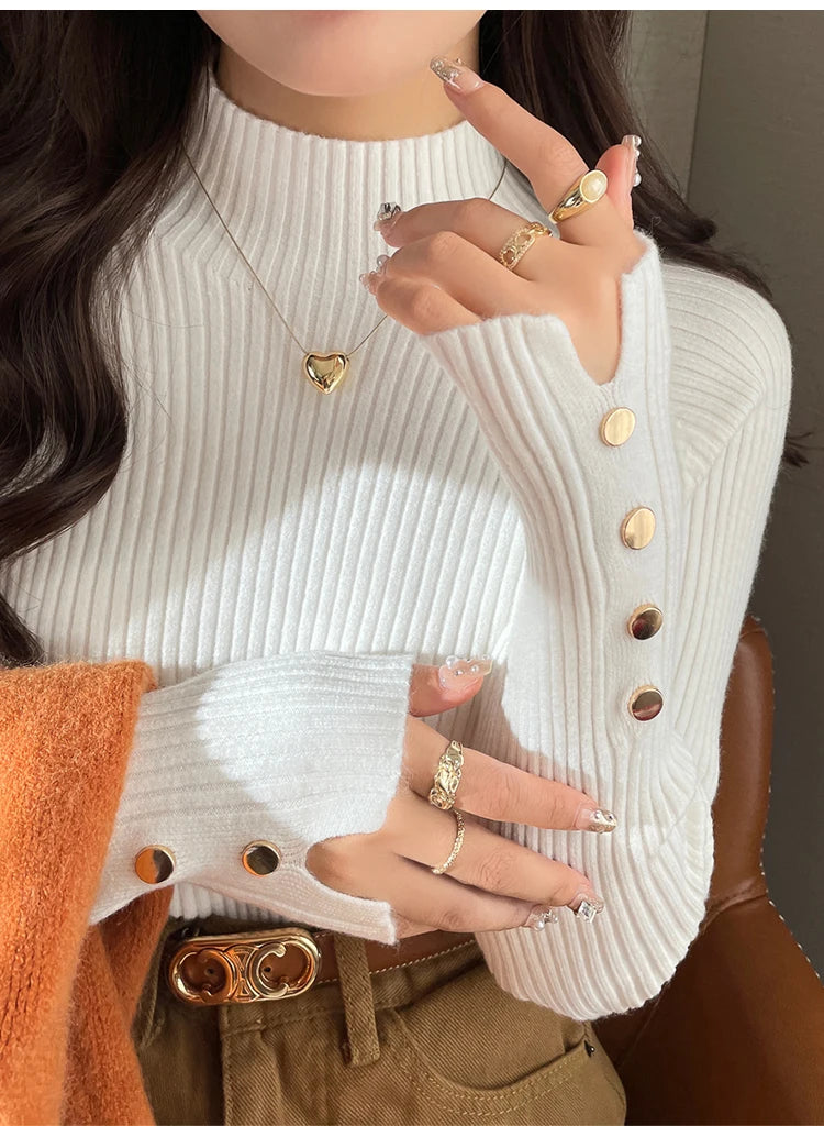 Autumn Winter Sweater Women  Pullovers Long Sleeve Tops Clothes Slim Knit Soft Jumper Streetwear Button Turtleneck Sweater