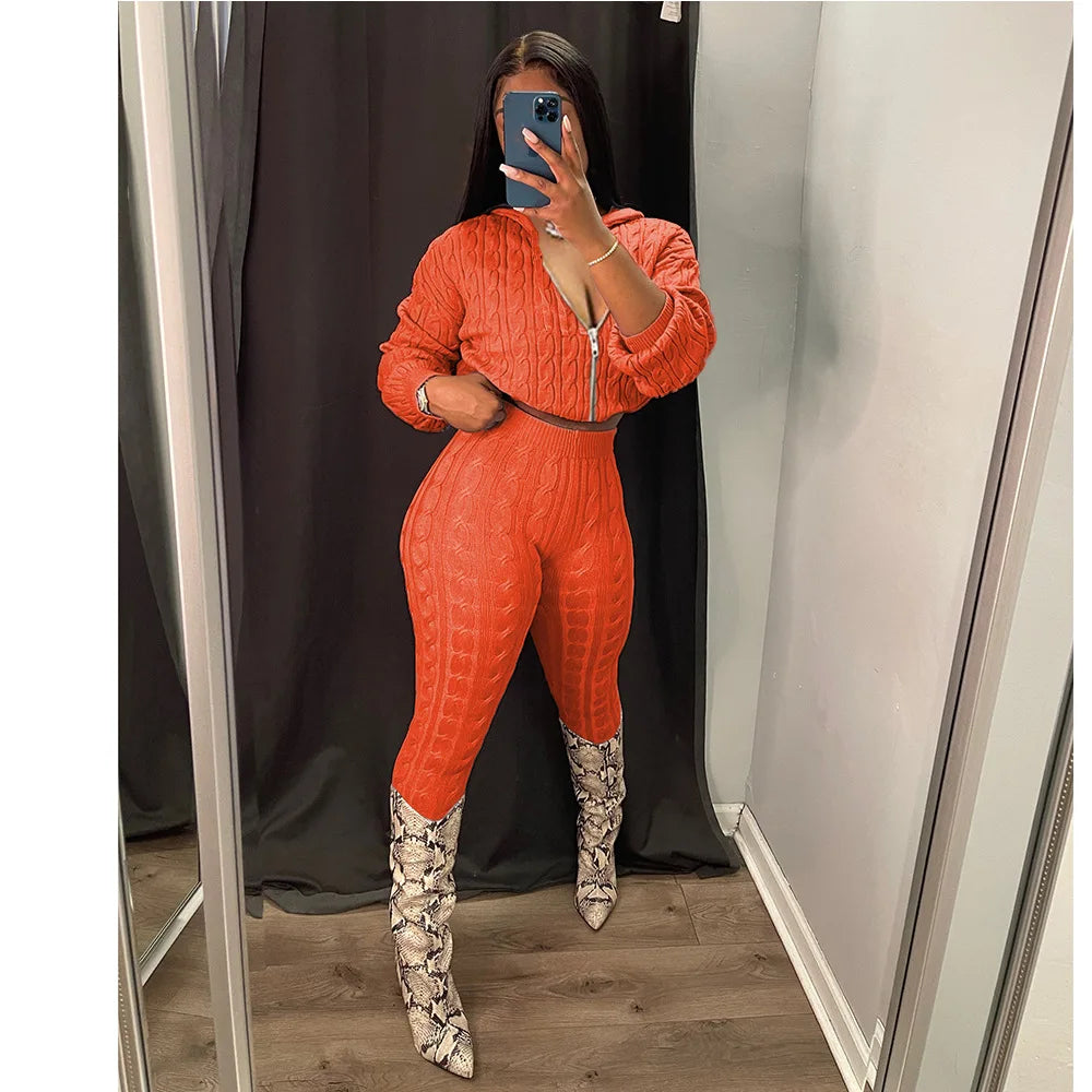 Knit Two Piece Sets Women Hooded Cardigan Pants Suits Spring Autumn Winter Clothing Sportswear Joggers Tracksuit Matching Sets