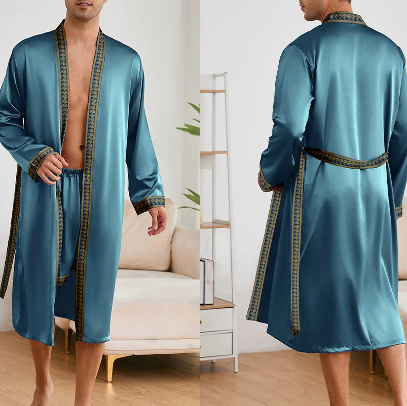 Male Ice Silk Pajamas 2Pcs Robe Suit Man Sleepwear Summer Spring Kimono Loungewear Peignoir Homme Nightwear Bathrobe Gown