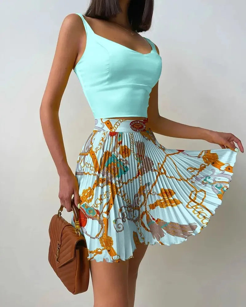 Sexy Printed Halter Pleated Short Skirt 2 Piece Set