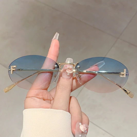 KAMMPT Rimless Oval Sunglasses Men New Fashion Gradient Ocean Lenses Sun Glasses Stylish Women Luxury Brand Design Shades