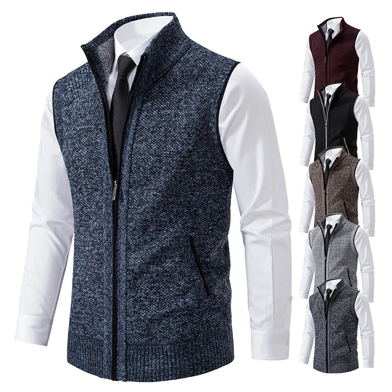 Vest Men's Knitted Sleeveless Sweater Wool Velvet Zipper Cardigan Turn-down Pullovers Turtleneck Sweatercoat Knit Waistcoat