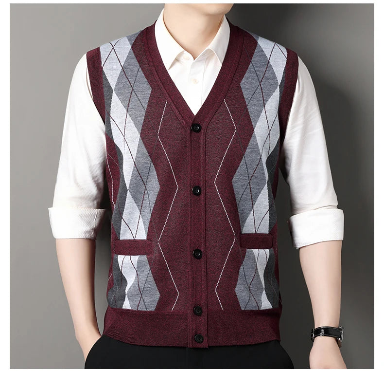 New Autumn Male Vest Sleeveless Sweater Fleece Cardigan Warm Knitted Checkered Business Casual Button Up Coat Men's Clothing