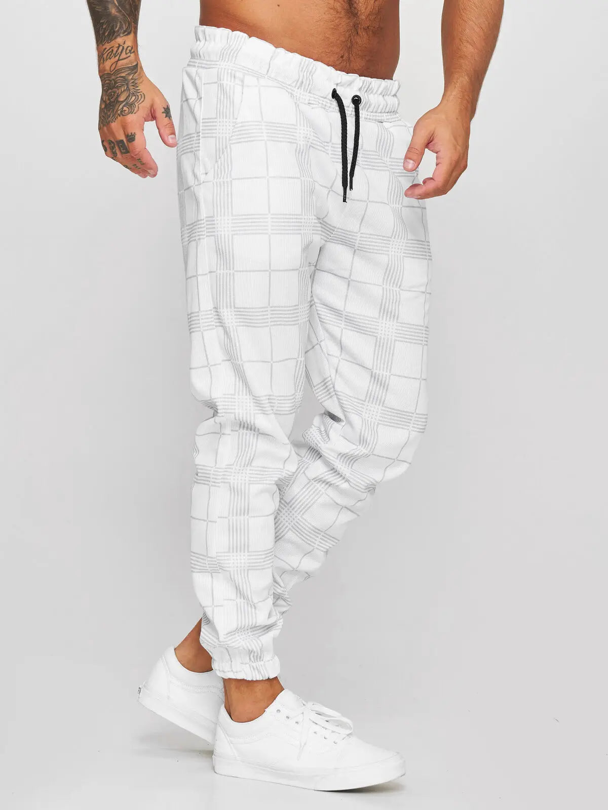 New Fashion Men Pants Mid Waist Slims Fit Male Sweatpants Plaid Checkered Side Stripe Trousers Summer Work Casual Pants