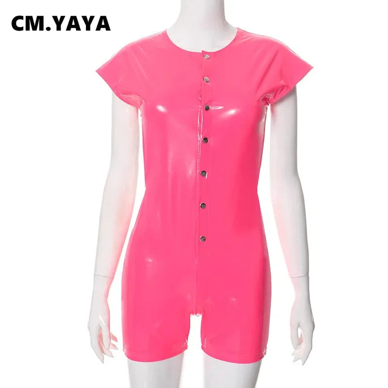 CM.YAYA Women Short Sleeve Single Breasted V-neck Short Jumpsuit Summer Street PU Leather One Piece Suit Romper Playsuits