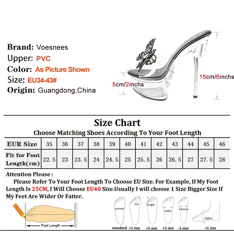 Women Shoes Nightclub Diamond Butterfly Super High Heels Summer Transparent Platform Sandals Plus Size Party Slippers For Ladies