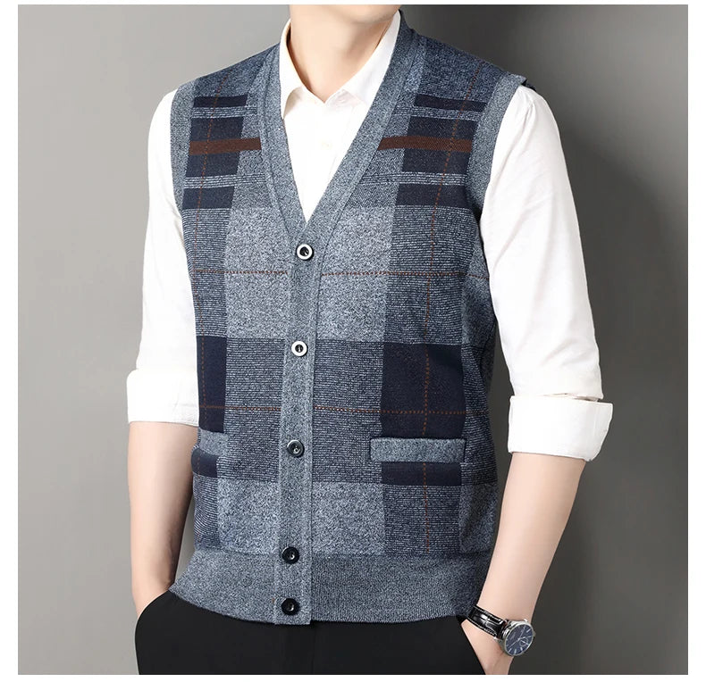 New Autumn Male Vest Sleeveless Sweater Fleece Cardigan Warm Knitted Checkered Business Casual Button Up Coat Men's Clothing