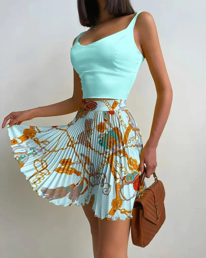 Sexy Printed Halter Pleated Short Skirt 2 Piece Set