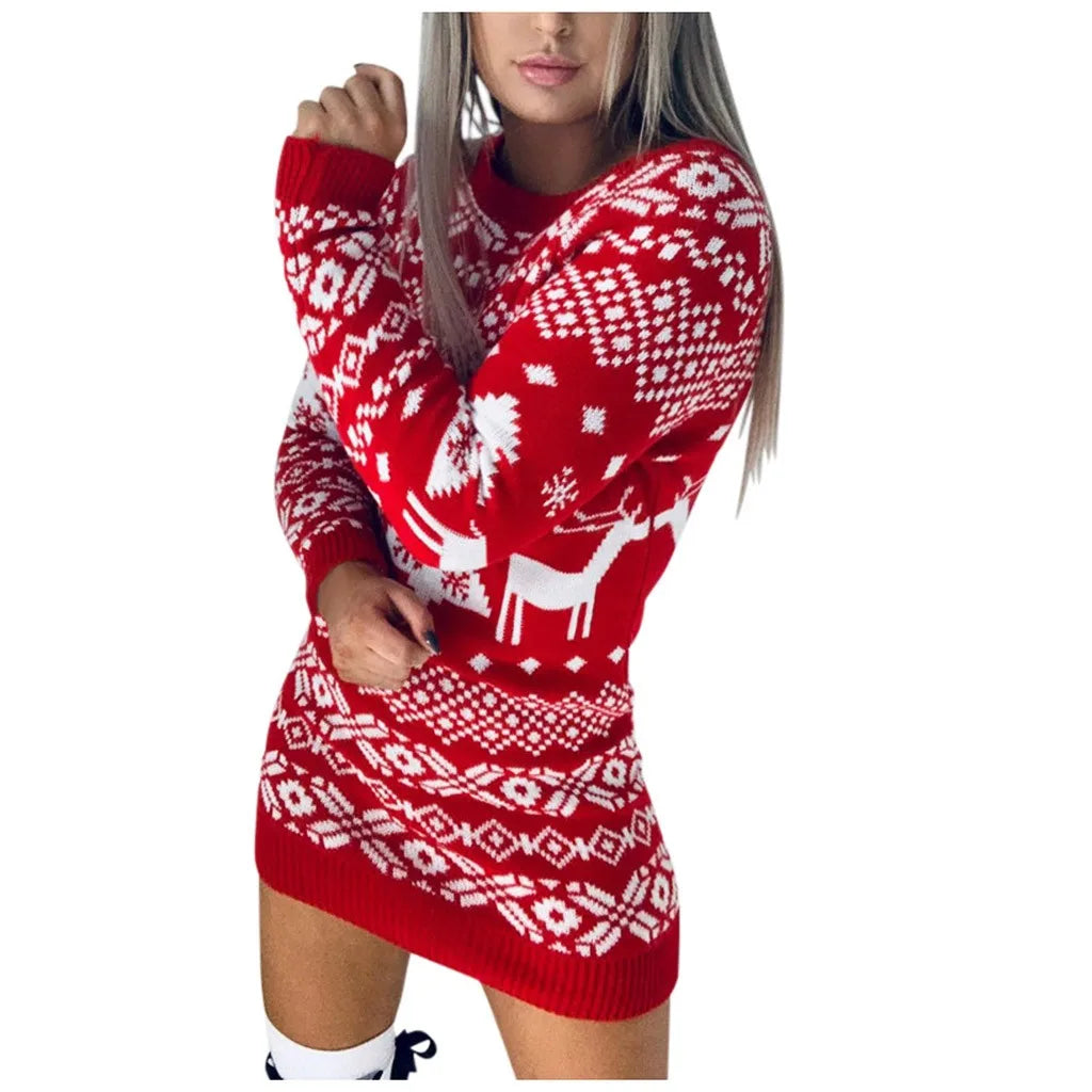 Winter Knitted Women's Sweater Dress Christmas Solid Dresses Female Elegant Thicken Warm New Year Christmas Clothes Sweater