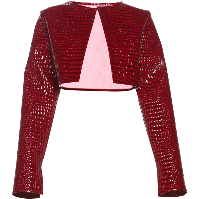 Weird Puss Faux Leather Jacket Women Hipster Snake Print Fall Trend O-Neck Full Sleeve Street Wild Basic Outwear Crop Overcoat