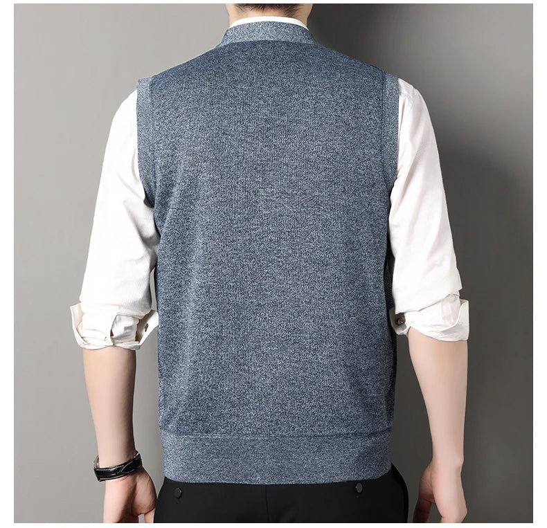 New Autumn Male Vest Sleeveless Sweater Fleece Cardigan Warm Knitted Checkered Business Casual Button Up Coat Men's Clothing