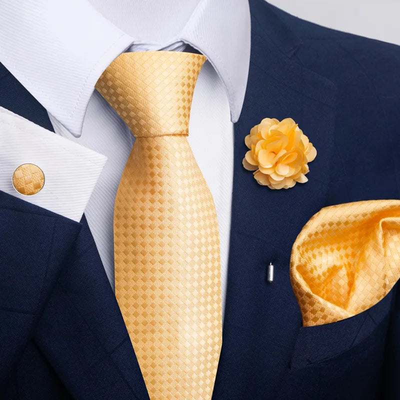 Luxury Mens Ties Floral Black Gold Ties Paisley NeckTie Pocket Square Cufflinks Brooch Set Men's Wedding Party Tie