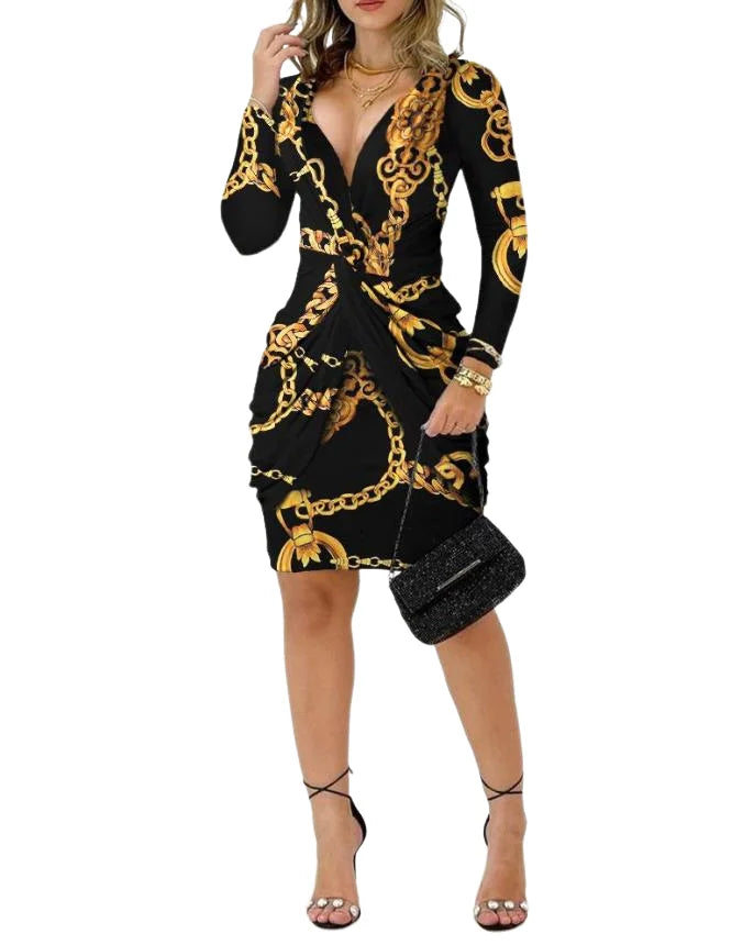 Elegant and Pretty Women's Dresses Fashion Sexy Deep V-Neck Baroque Chain Print Twist Detail Party Dress Female Clothing