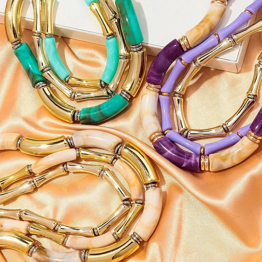 3 pieces/set Bohemian Acrylic Bamboo Beads Choker Necklace Set for Women Chunky Tube Necklaces 2024 Accessories Jewelry Femstylo