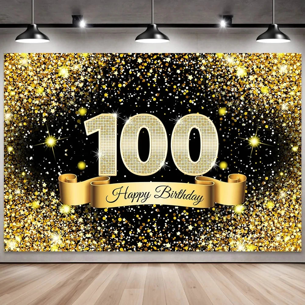 Golden black birthday party background, 18-40-50-60-year-old photography background, photo booth logo, poster background banner