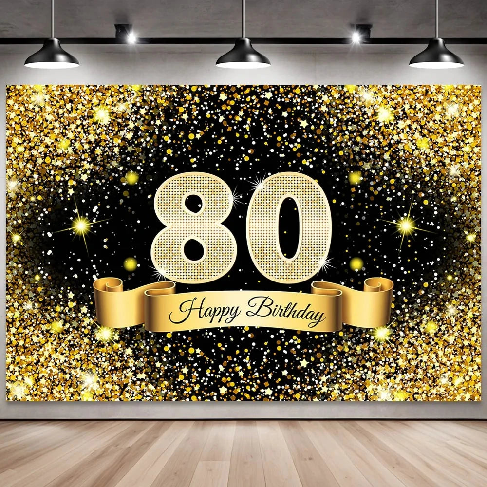 Golden black birthday party background, 18-40-50-60-year-old photography background, photo booth logo, poster background banner